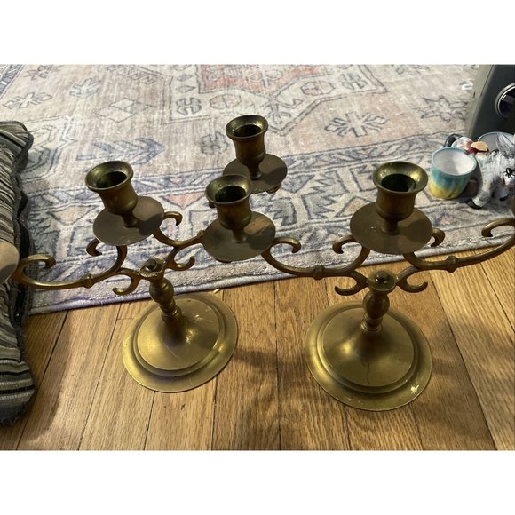 Vintage Set of 2 Brass Ornate Candle Holders Antique Candlesticks Made In Japan